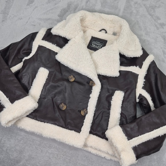Levi's Faux Leather Sherpa Lined Cropped Jacket Women Large Brown Bomber Moto